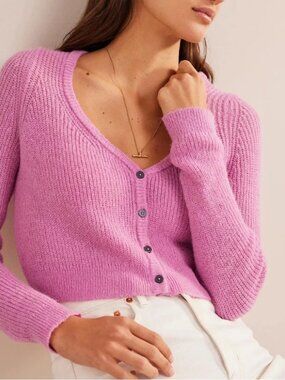 Boden Cropped Pink Ribbed Knit Sweater Cardigan S